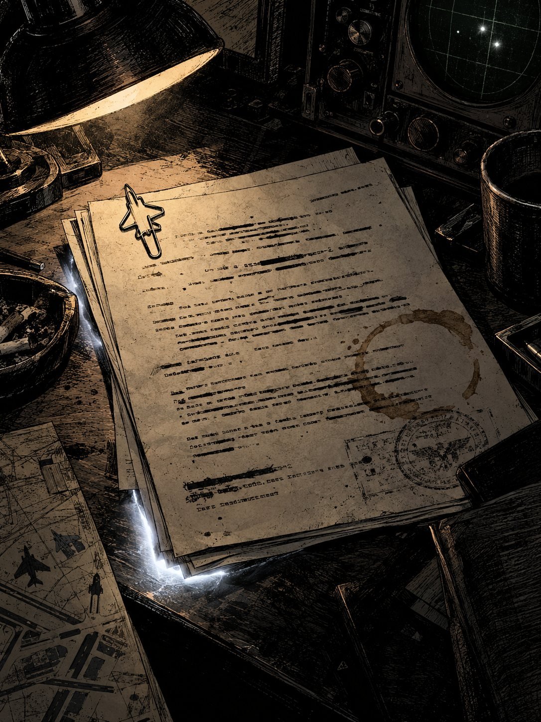 A 1976 typewritten US military memo on a desk, lines drawn as illegible strokes, a rubber stamp half-pressed onto the corner, a coffee ring beside it