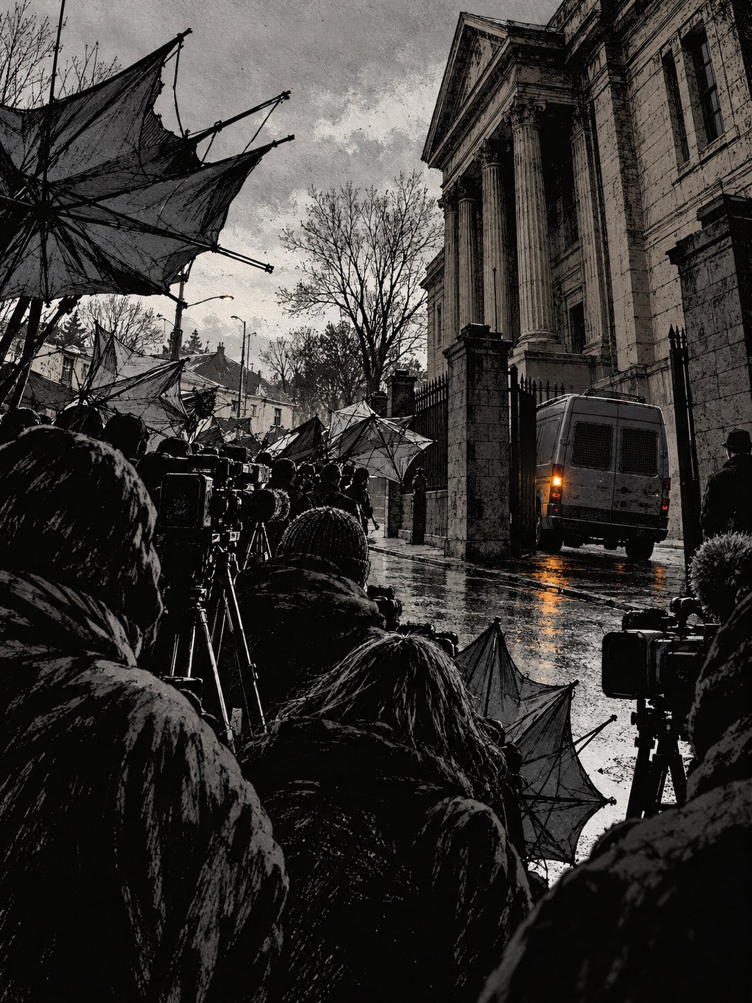 Reporters with umbrellas and cameras outside a columned courthouse as a prison van turns in