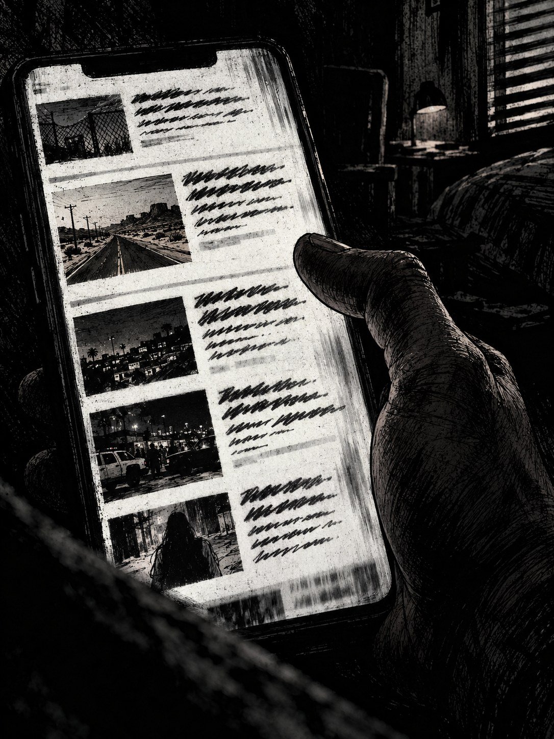 A hand holding a phone in a dark room, the screen full of news headlines drawn as illegible strokes, one thumbnail of a desert road