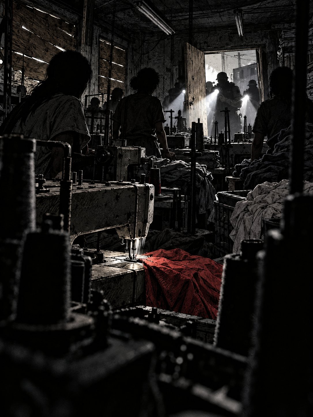 Flashlight beams flood a sewing room as workers stand frozen between machines