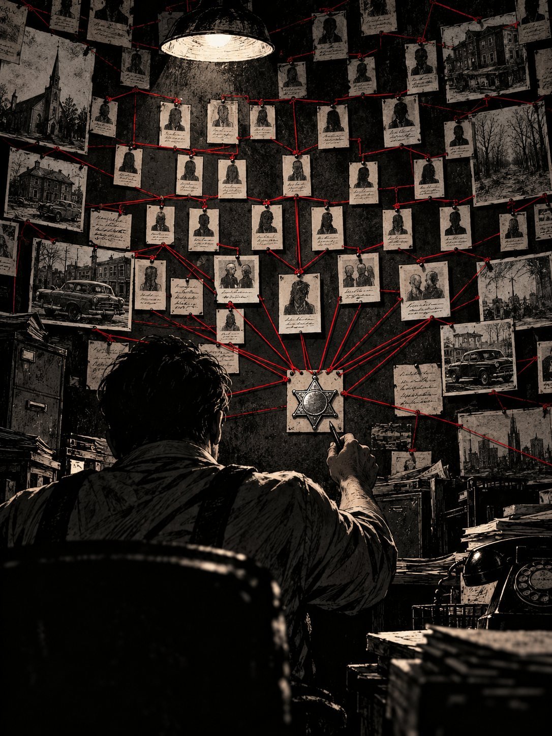 A dark investigation room wall covered with a huge family-tree chart: dozens of blank paper boxes connected by red string, all the strings slowly converging to one box near the bot