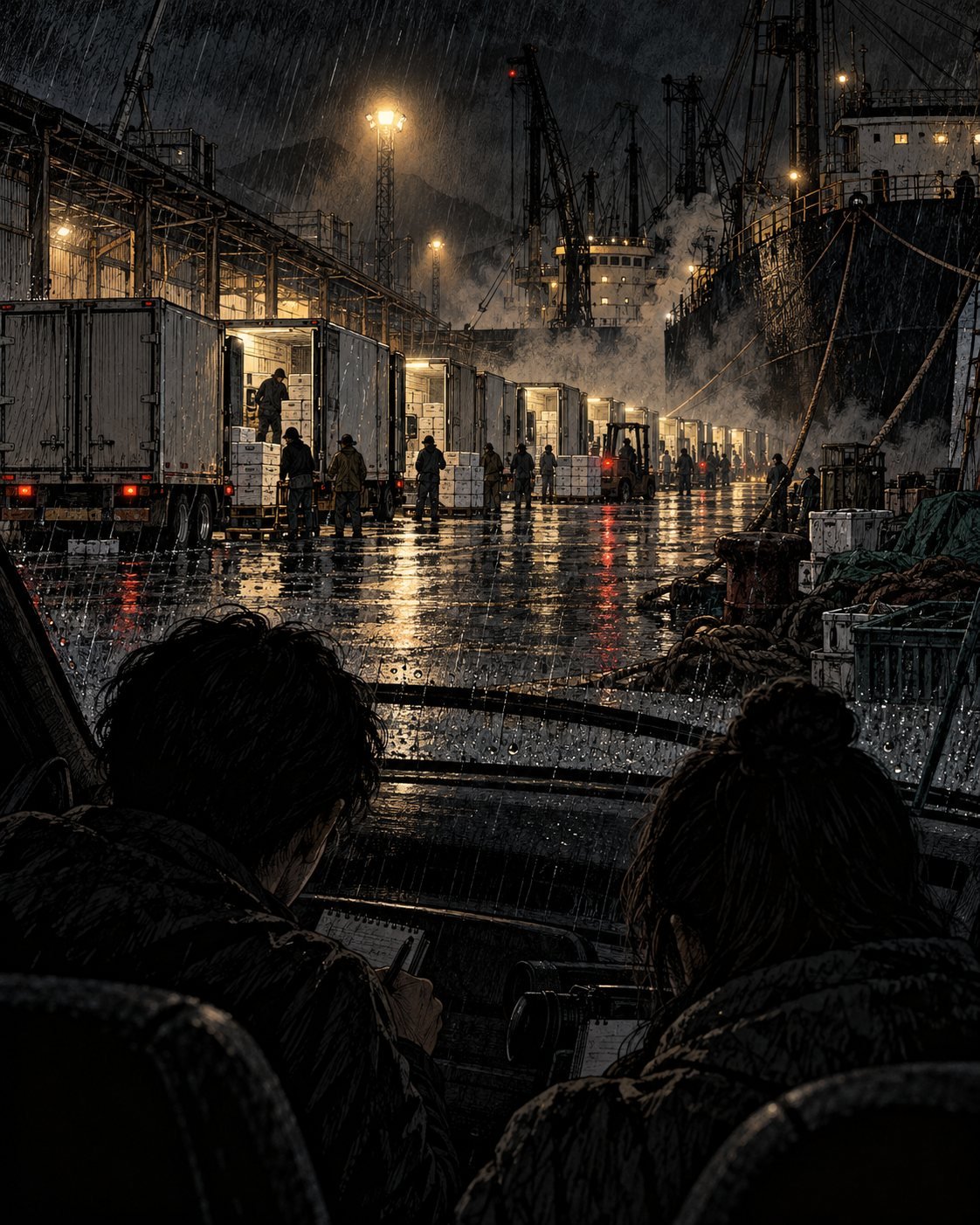 Reporters watch from inside a car as refrigerated trucks are loaded at a rainy port at night