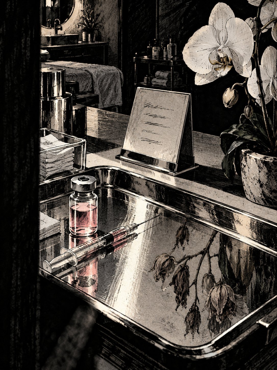 A sleek spa clinic counter: a tray with a small vial and a syringe, a skincare price card with no readable text, a white orchid