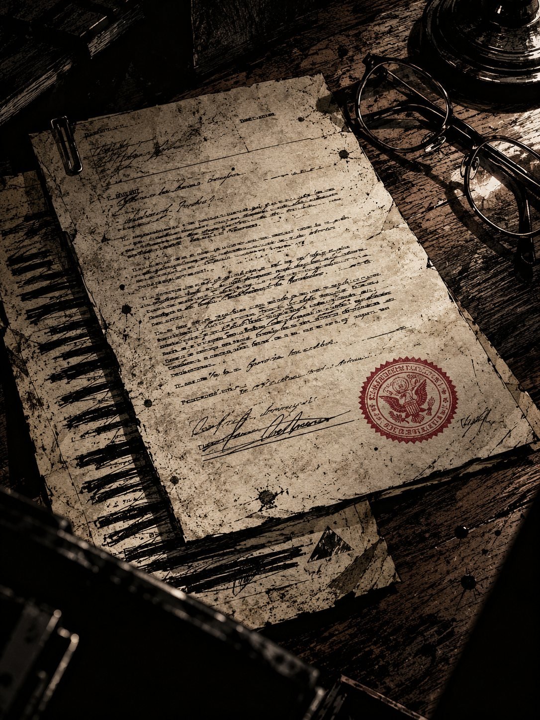 An old typed sworn statement with a signature line, sealed with a notary stamp, lying on a wooden table beside a pair of reading glasses