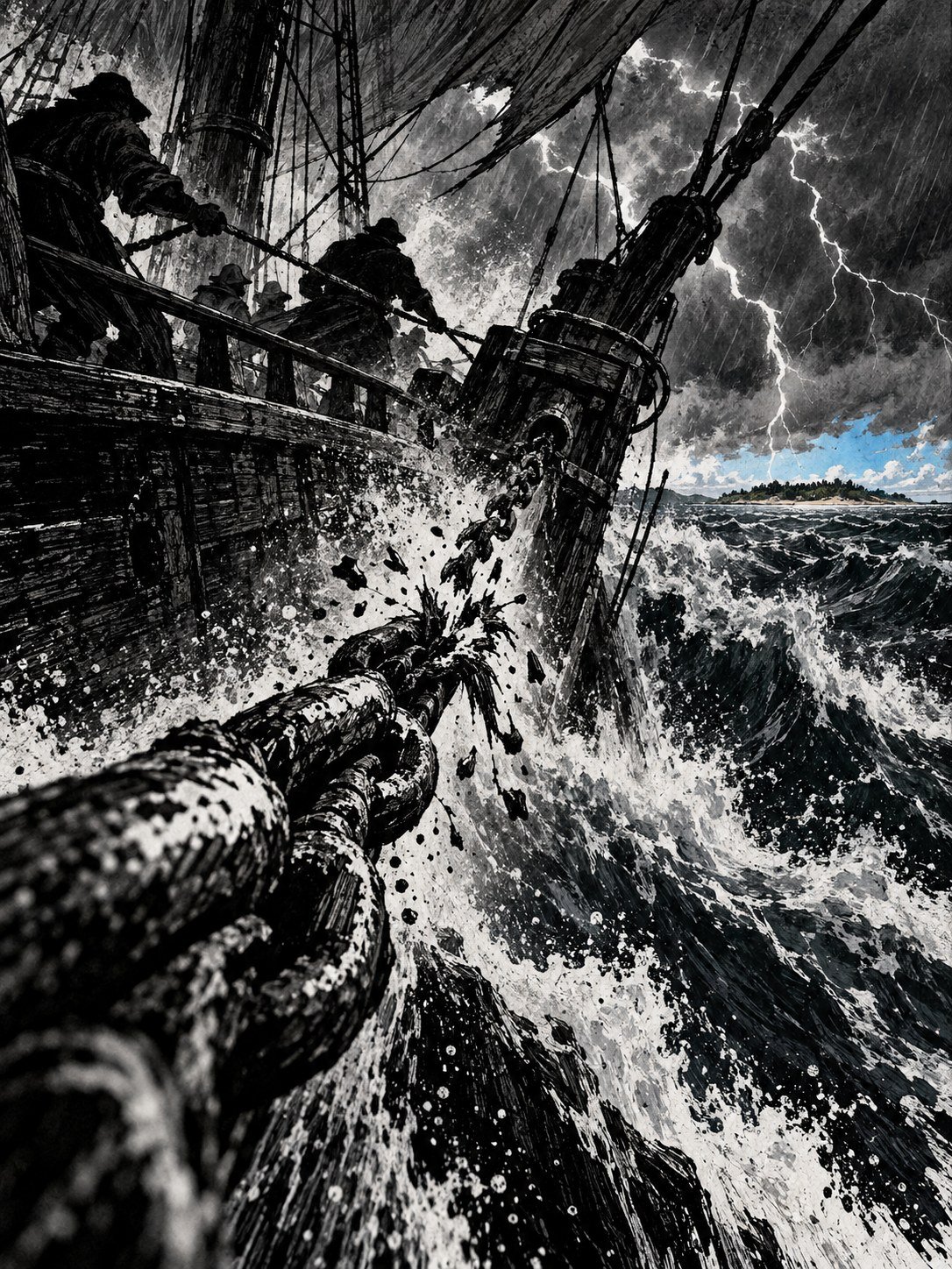 A ship in a violent storm, its anchor cable snapping at the bow, lightning over an island