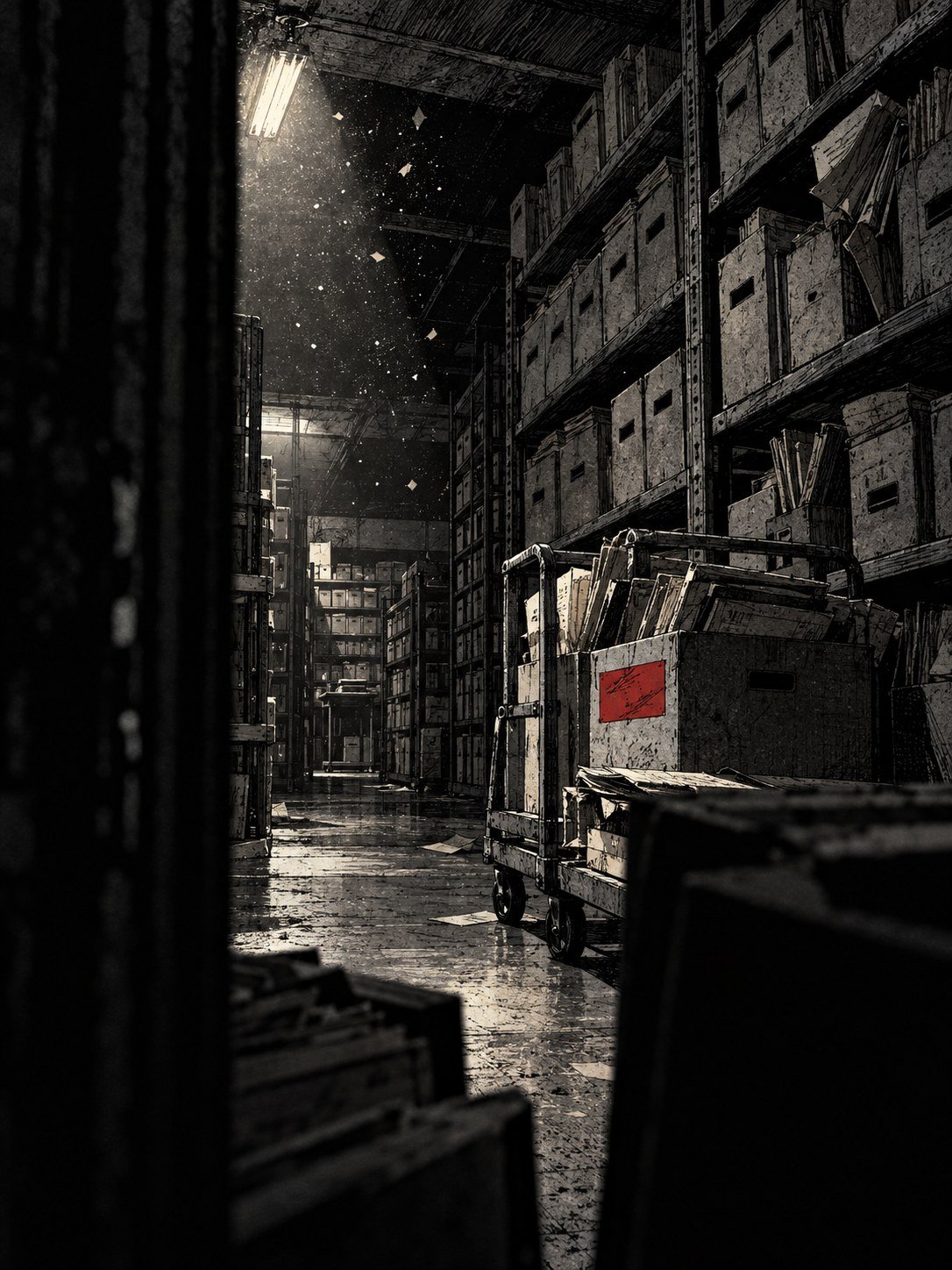 An archive of grey shelves stacked with file boxes, one box on a trolley