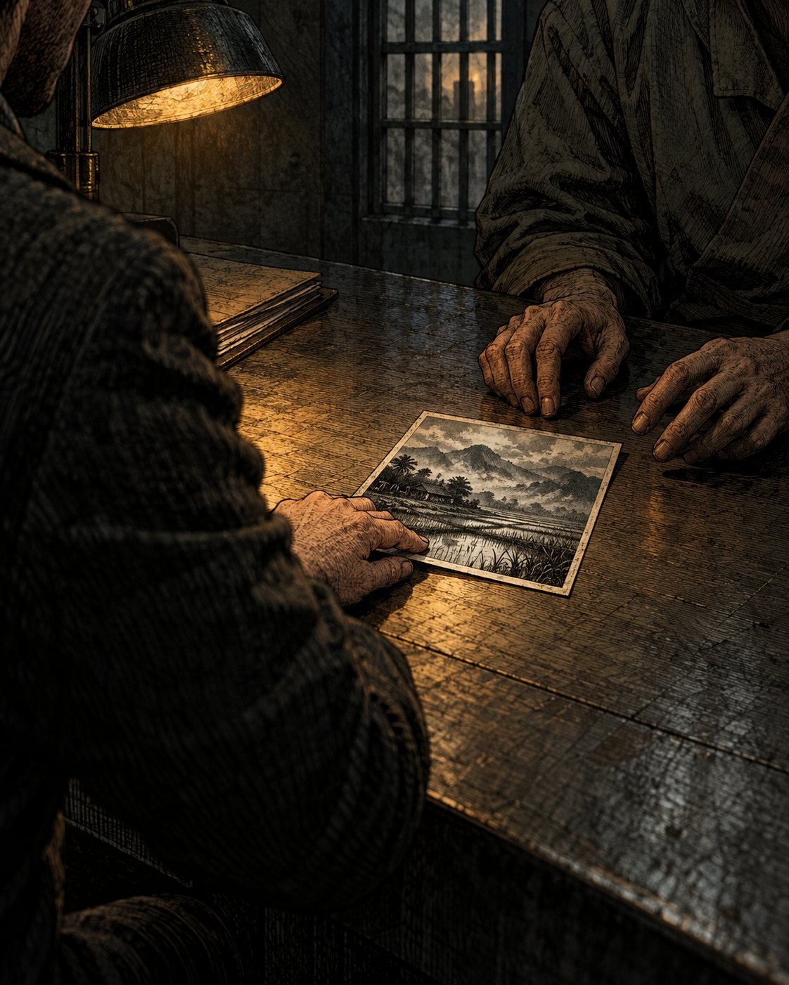 A profiler slides an old photograph of rice fields across a table toward a prisoner's hands