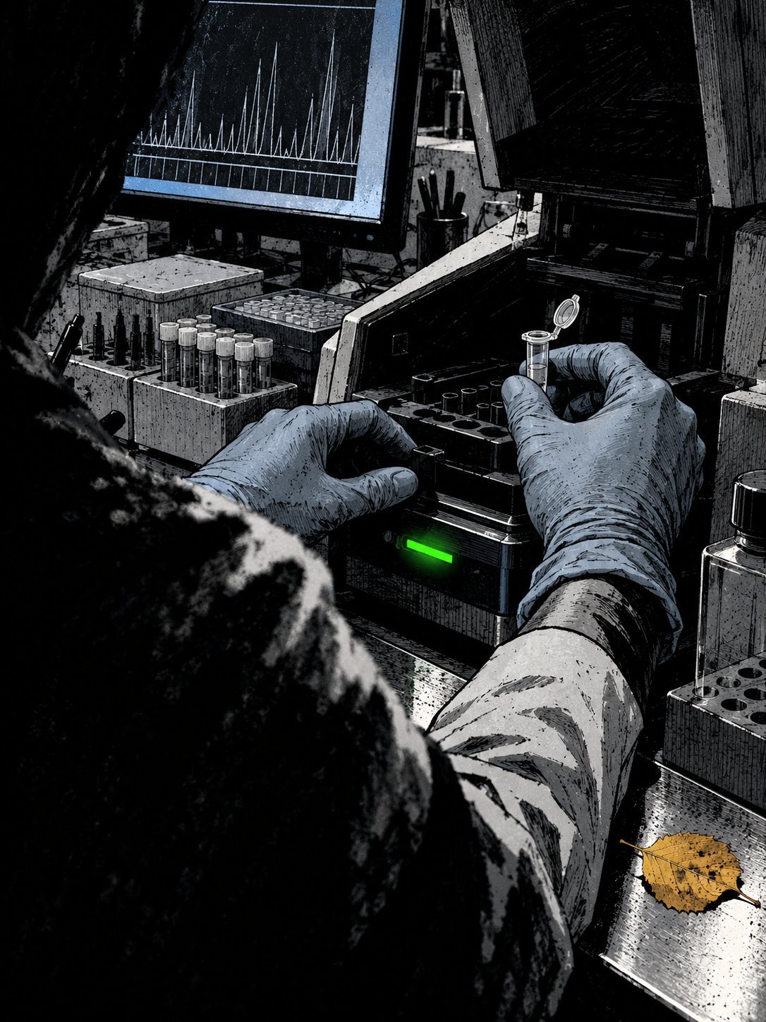 Gloved hands loading a sample tube into a DNA instrument, a gold aspen leaf on the lab bench