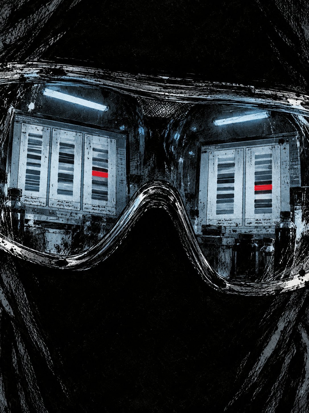 A lab technician's safety goggles fill the frame; reflected in the lenses, two DNA profile charts that clearly do not line up, one bar flashing red. Behind the goggles, the face is