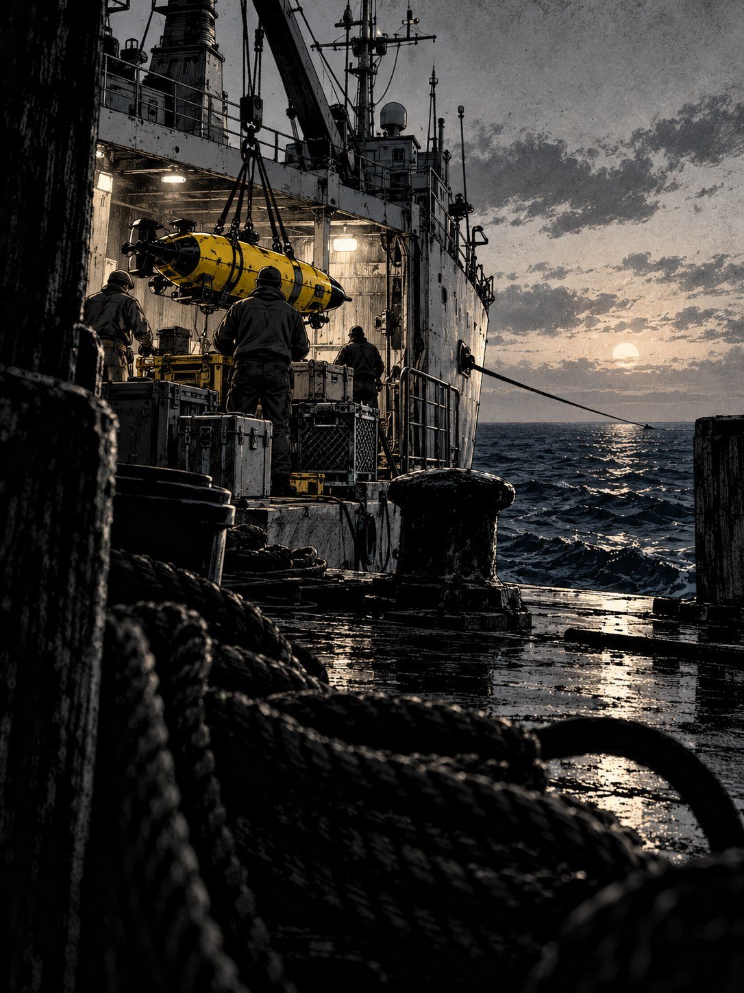 A harbor at dawn, a research vessel loading crates and a yellow underwater drone. Crew seen from behind
