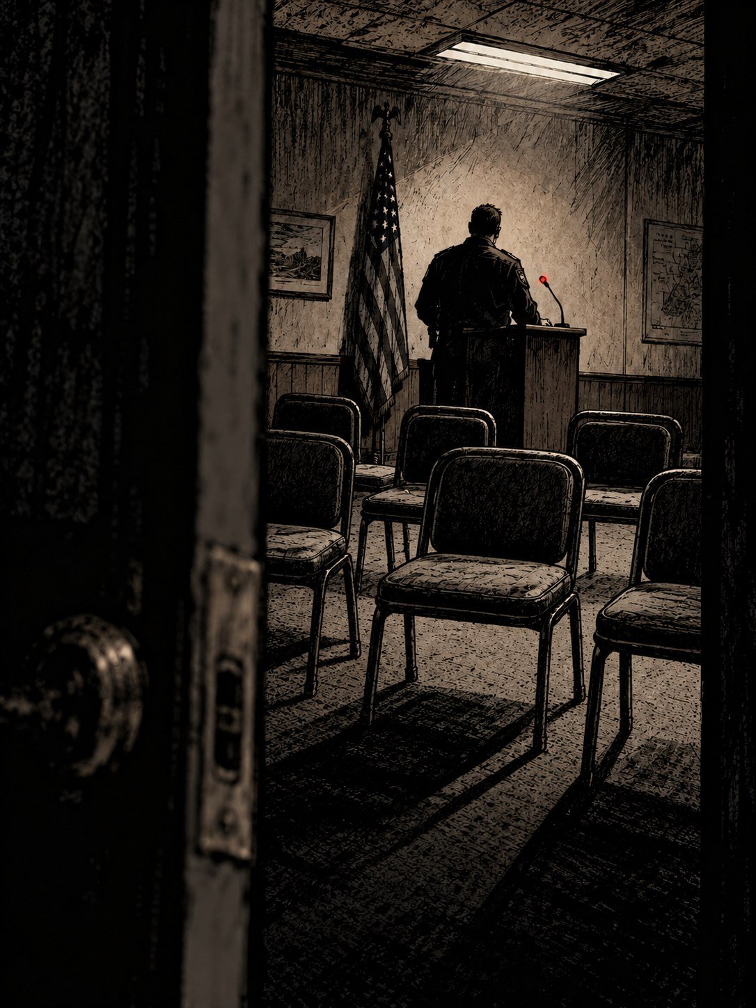 A rural sheriff's office: a spokesperson seen from behind at a podium in front of a single flag, an empty press room, one microphone