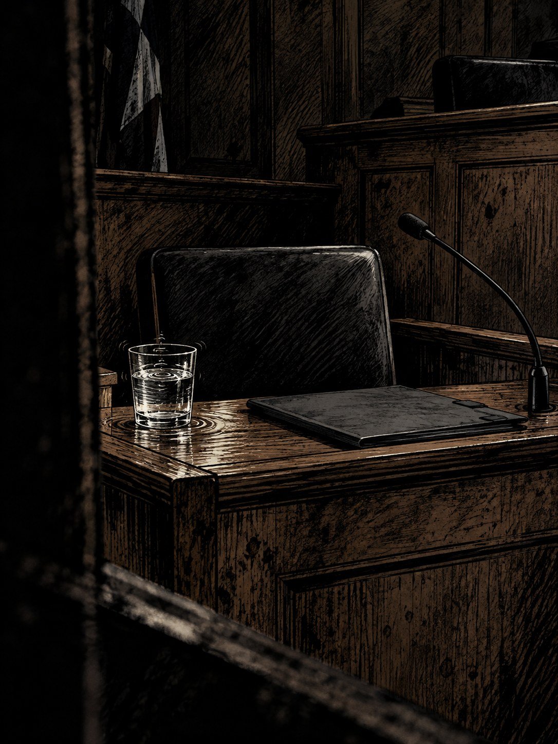An empty witness box with a glass of water and a closed folder beside a microphone