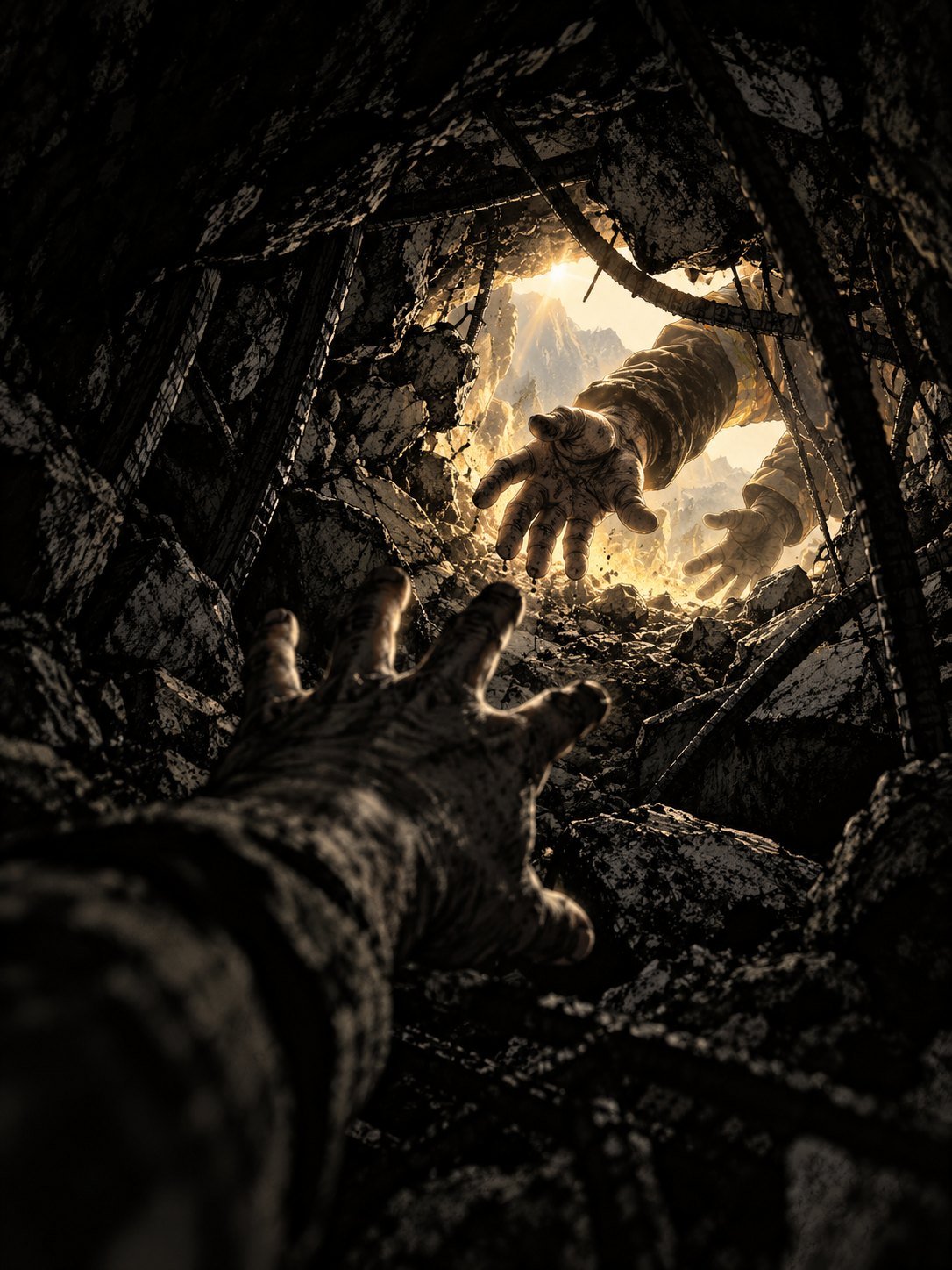Hands reaching toward each other through a small hole of warm light in the rubble