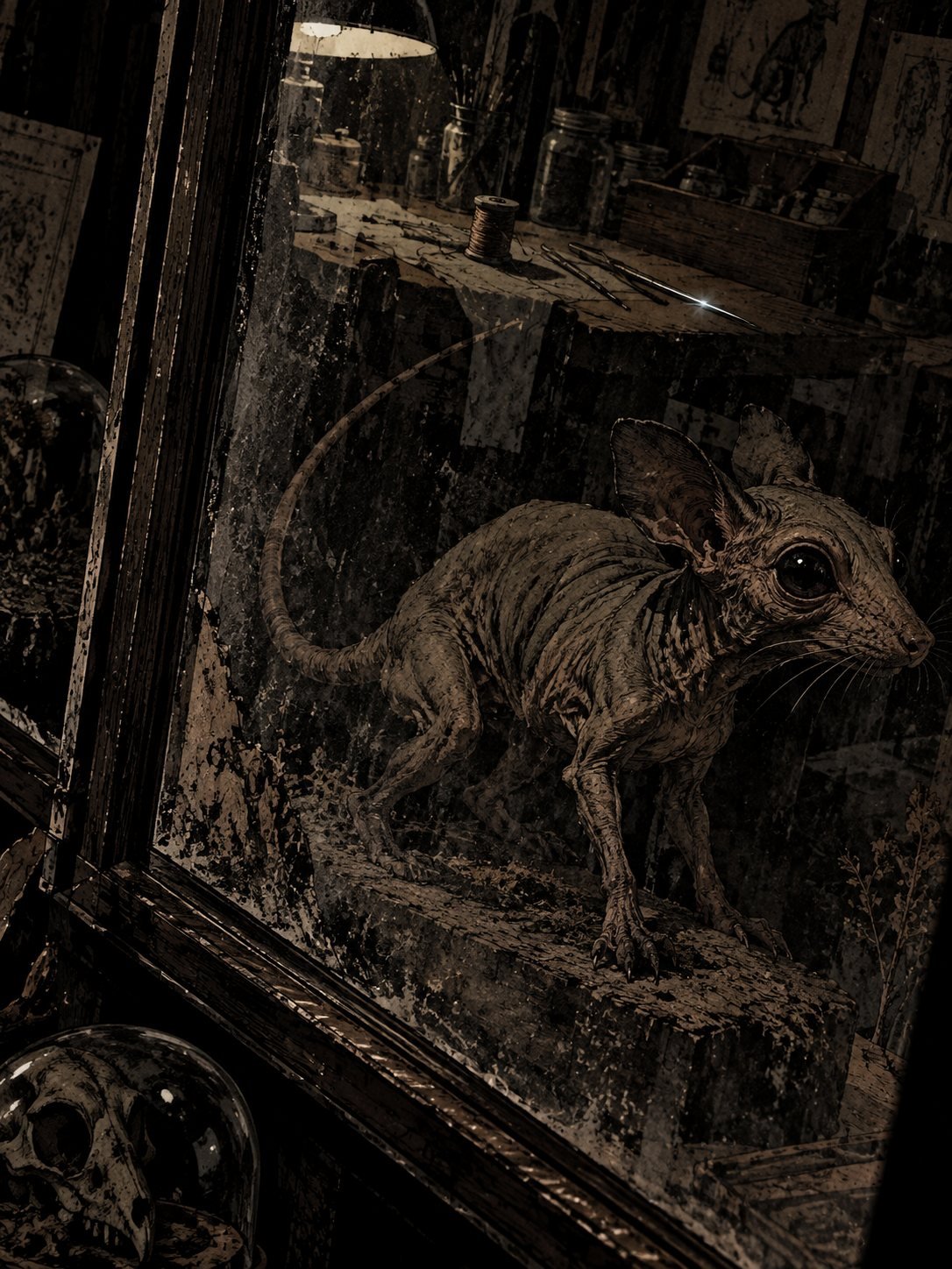 A small taxidermied creature in a dusty glass case: hairless, wrinkled, with big eyes and a long tail, posed standing