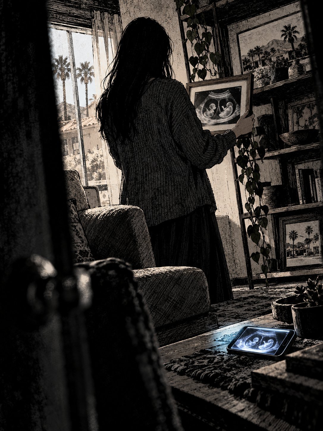 A quiet family living room in soft daylight: a woman seen from behind standing at a shelf, holding a framed black-and-white twin ultrasound