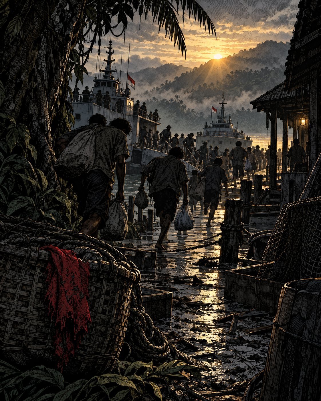 Hundreds of men carrying bags stream down a dock at sunrise toward waiting government ships