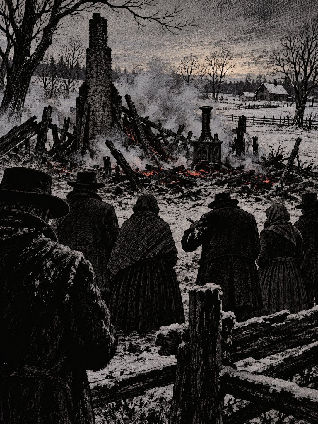 Neighbours in coats and shawls stand silently before the smoking ruins of a farmhouse at dawn