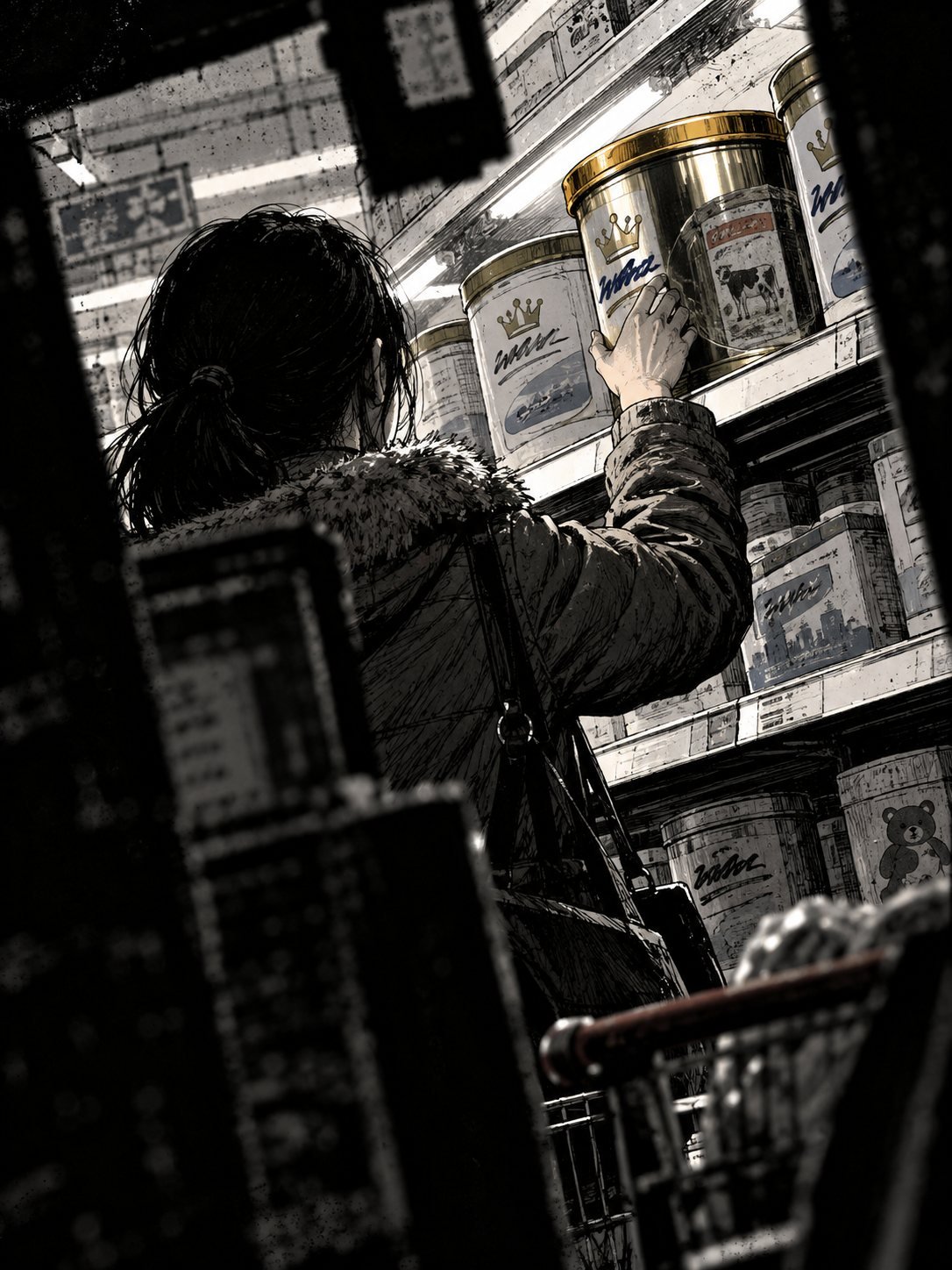 A young mother reaches for an expensive gold-lidded formula tin in a bright 2008 supermarket