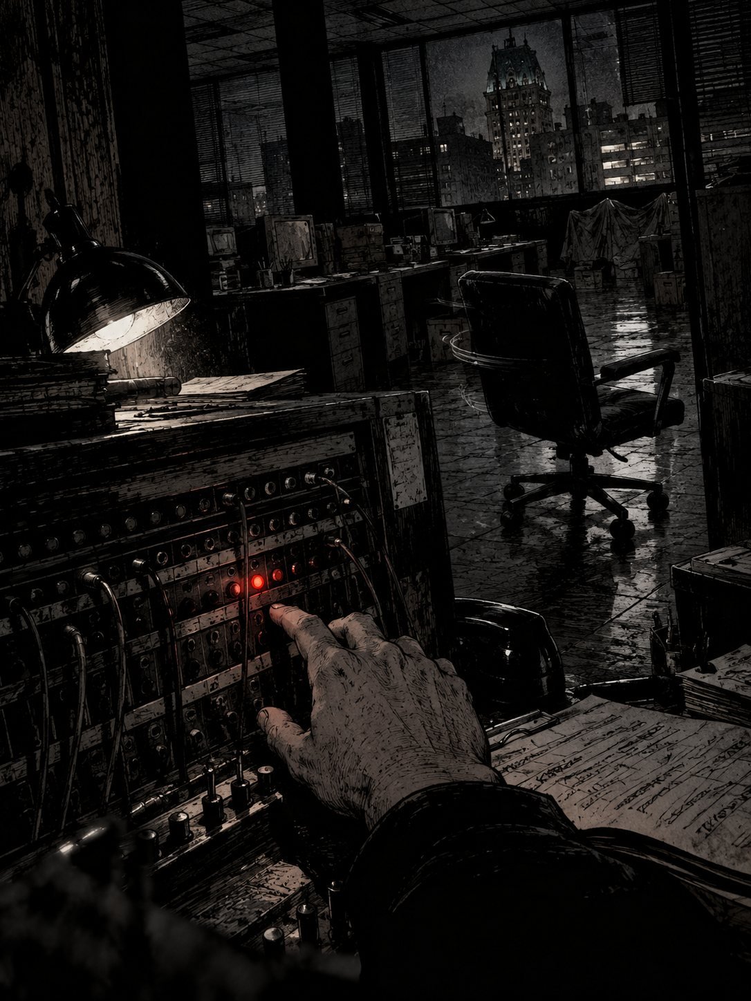 A hand hovers over an old office switchboard with one red line lit, an empty chair still turning behind it