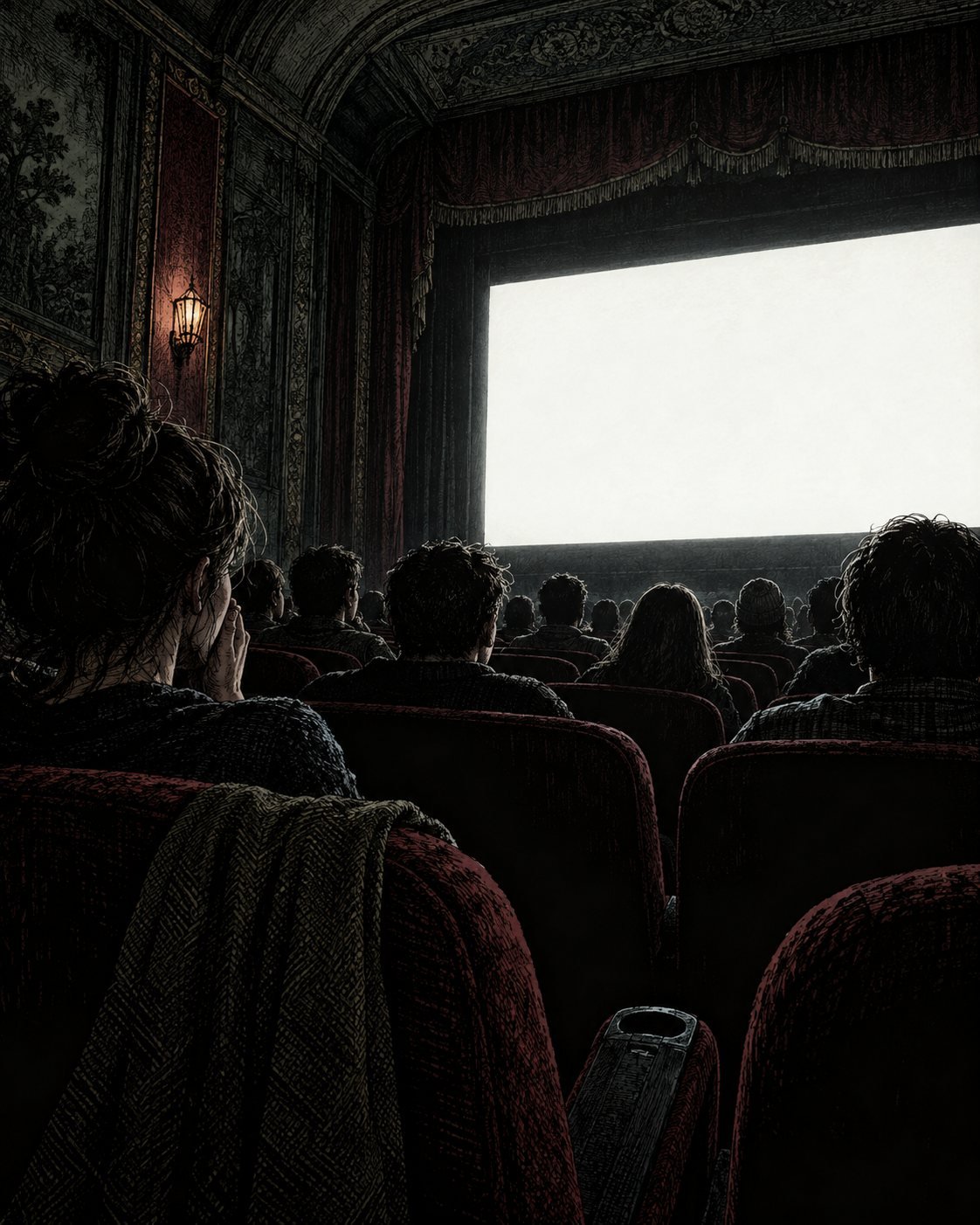 A theater audience seen from behind, frozen in their seats in front of a bright blank screen