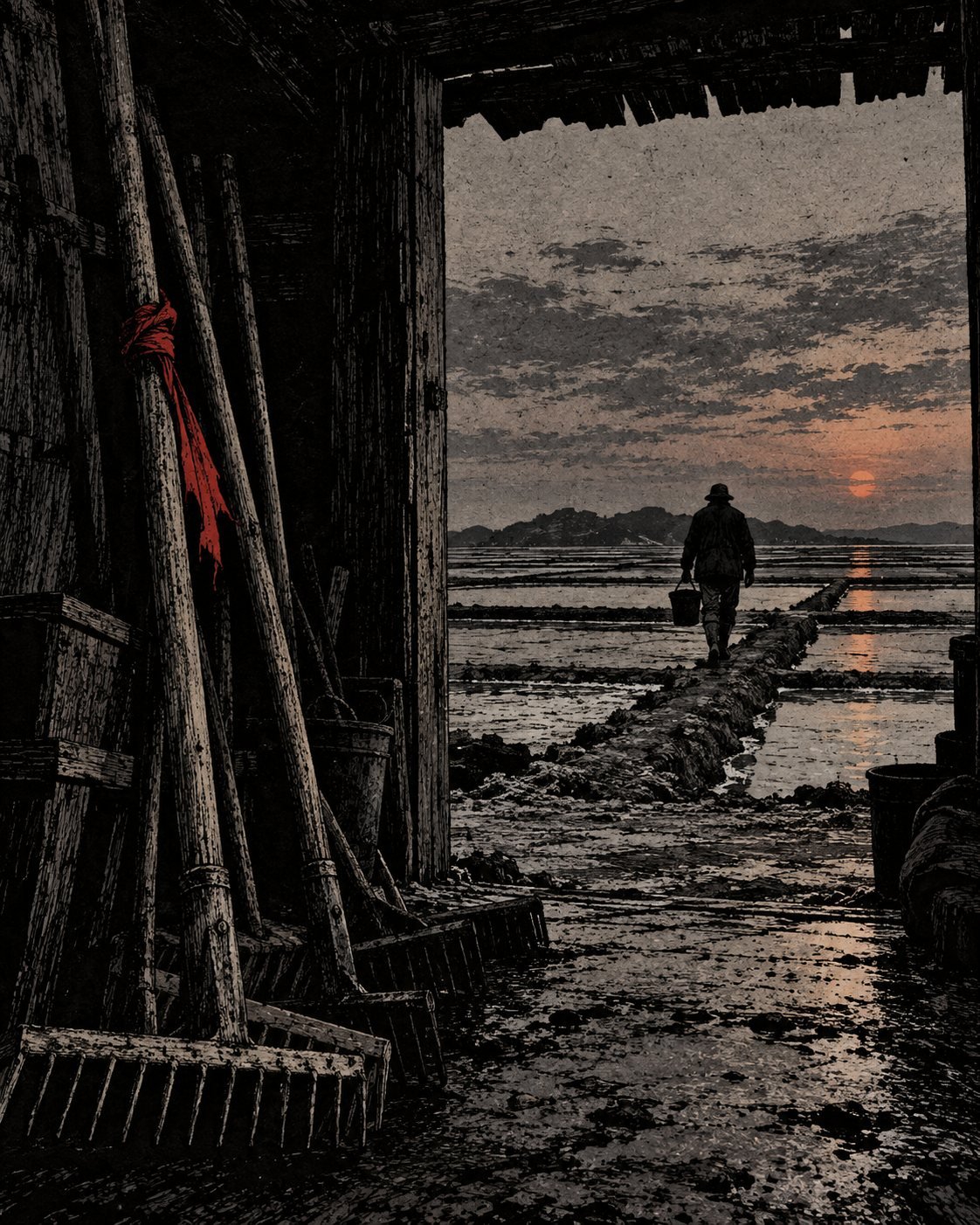 A worker walks back toward the salt pans at sunset past a row of rakes, one tied with red cloth