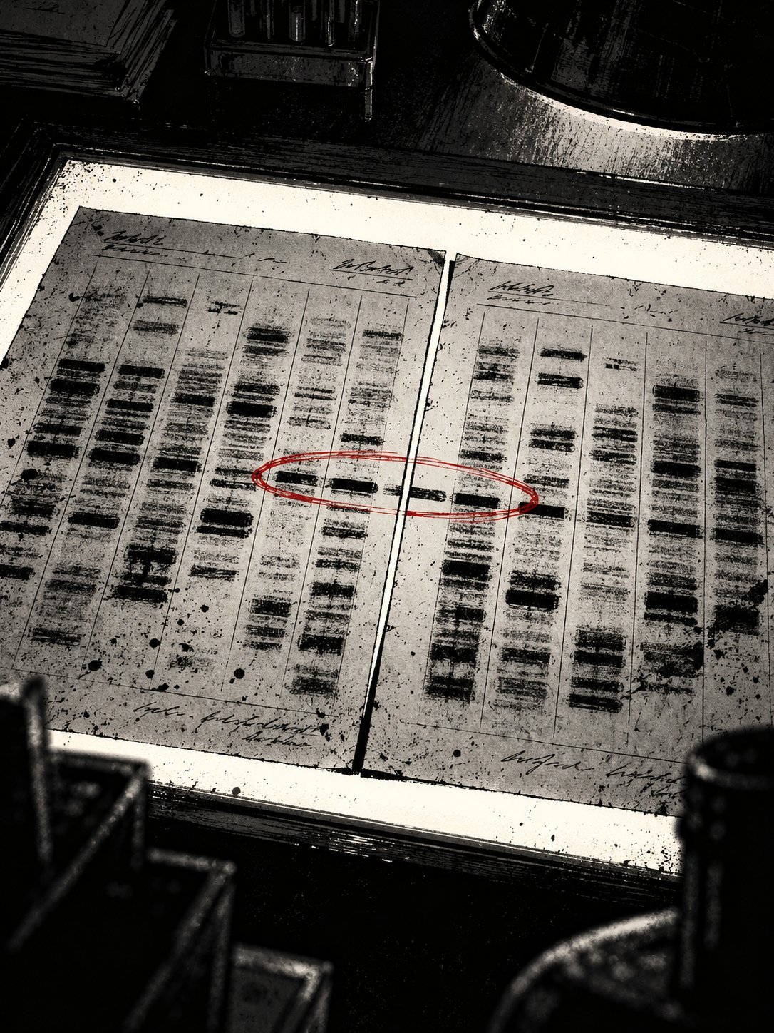 Two DNA profile printouts side by side on a light table, one band circled in red across both