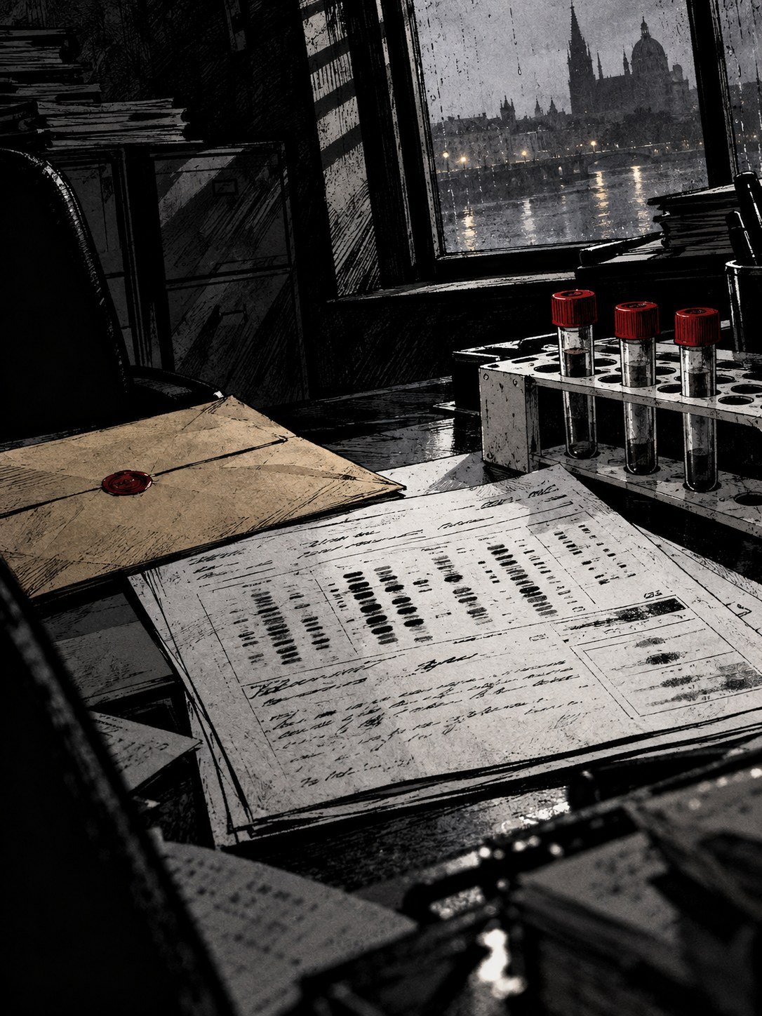 A sealed envelope and a DNA report on a desk beside three sample tubes