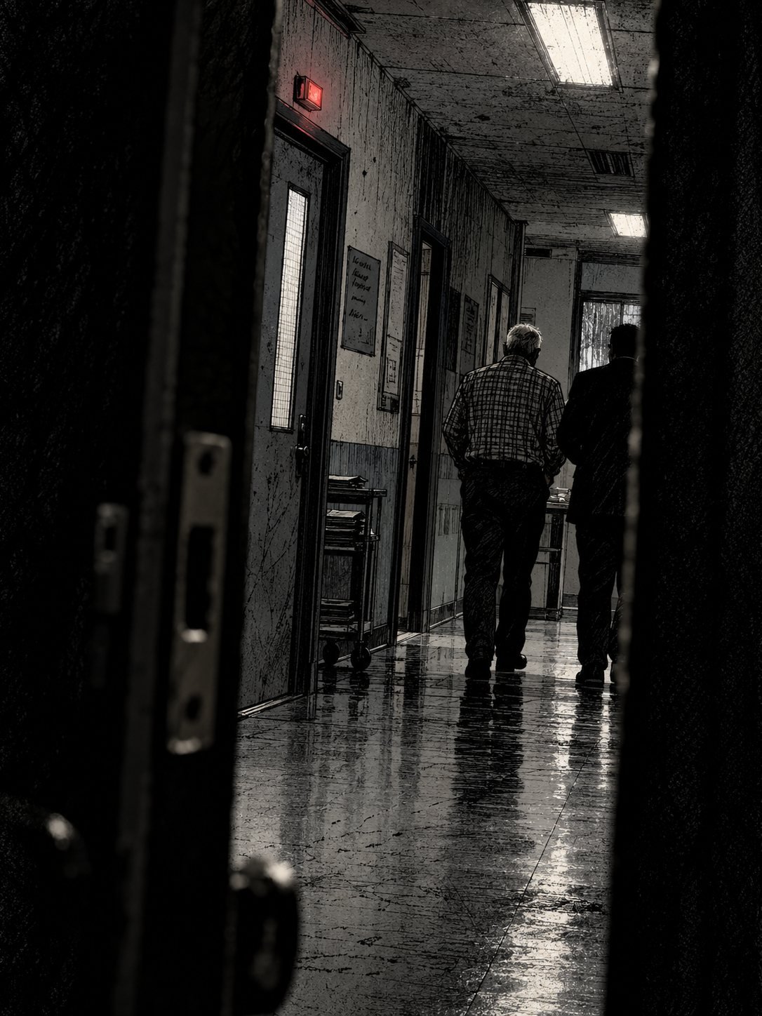A police corridor seen from inside the interview room: an older man in a checked shirt walks away, leaning to mutter to a companion, both seen from behind