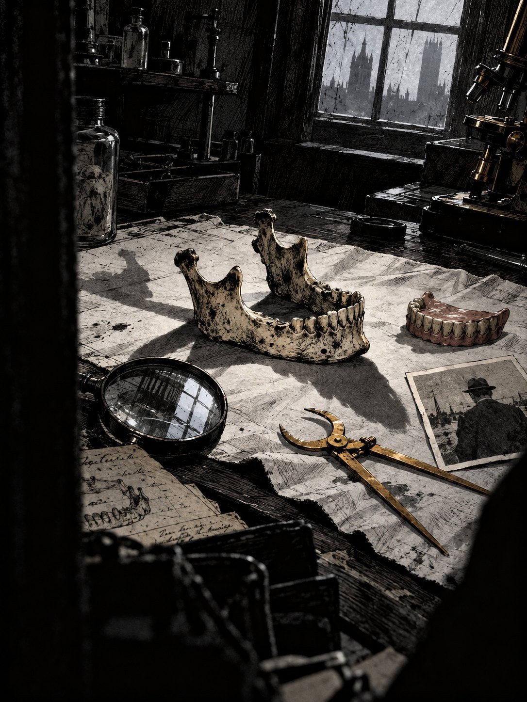 A jawbone, a set of false teeth, calipers and a photograph on a laboratory bench