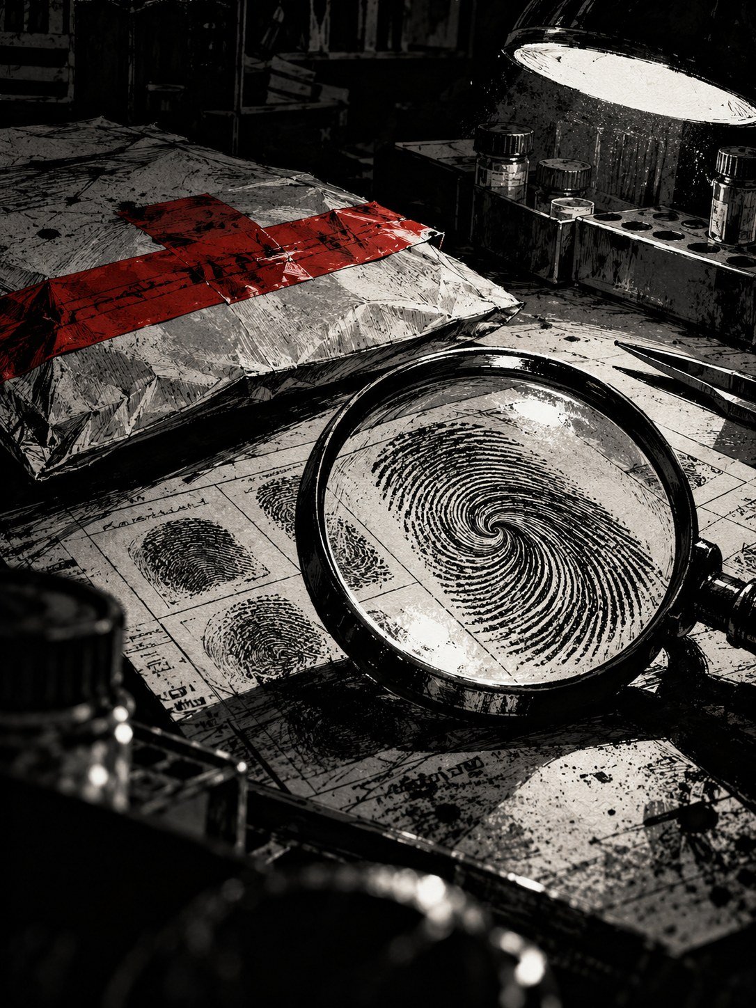 A forensic lab bench under a cold lamp: a sealed evidence envelope, a fingerprint card drawn as illegible swirls, a magnifier