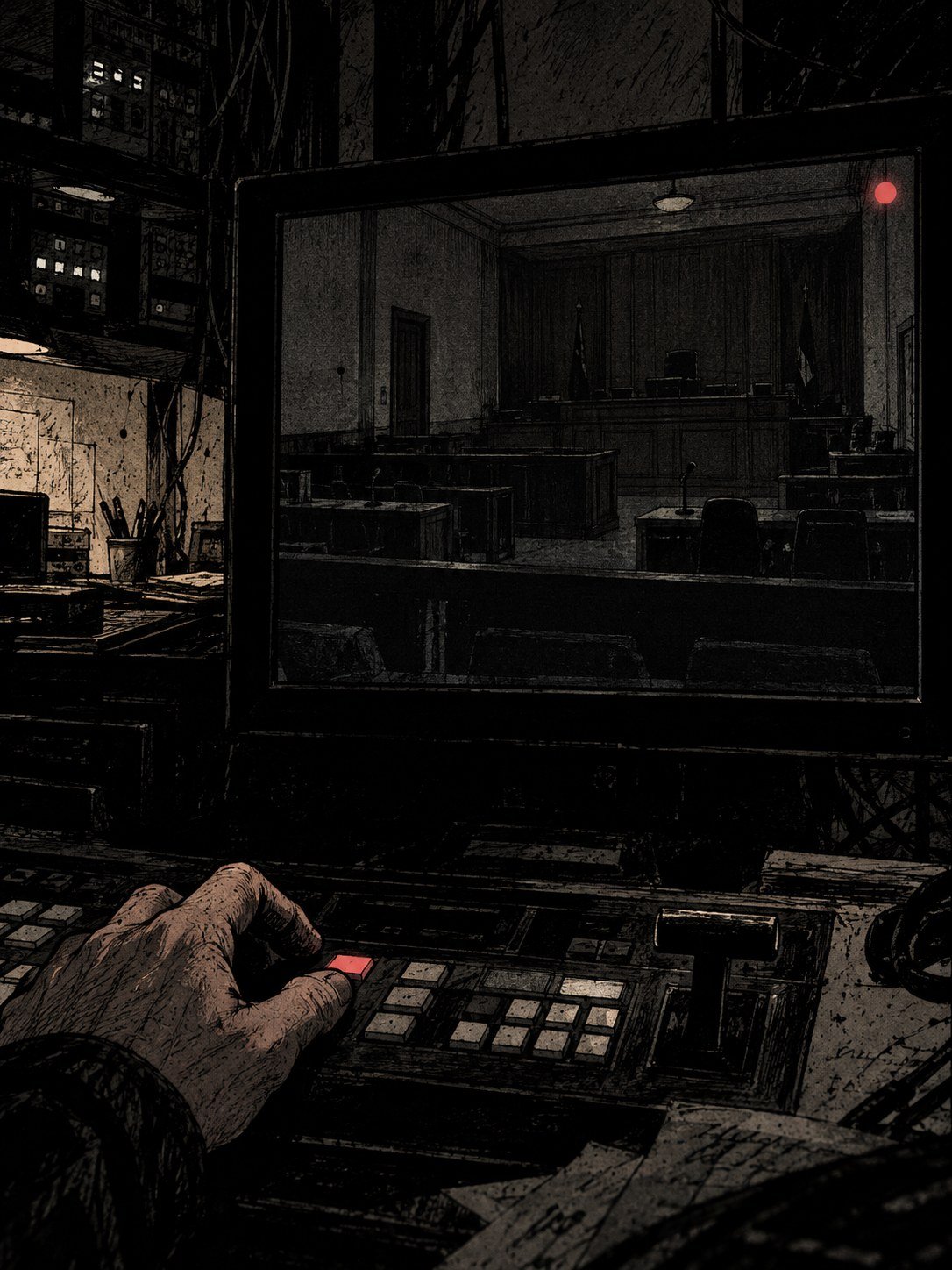 A hand over a broadcast switch as a monitor shows a courtroom with a red live dot