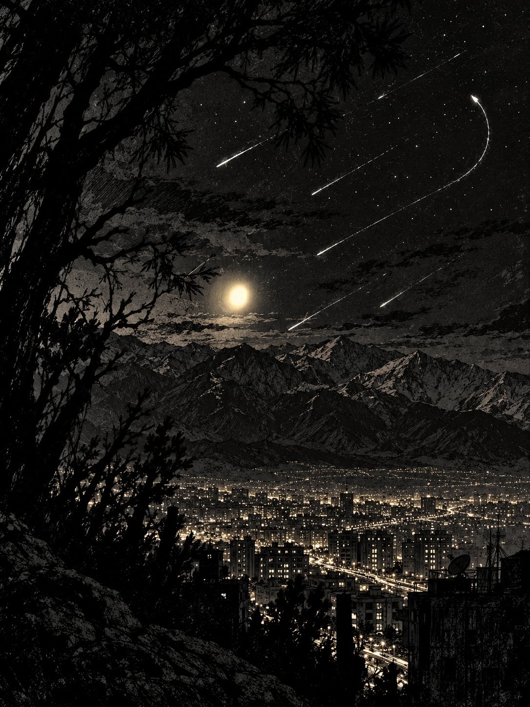 The night sky over the Alborz mountains: one planet shining unusually bright low in the sky, and several thin streaks of meteors cutting across it