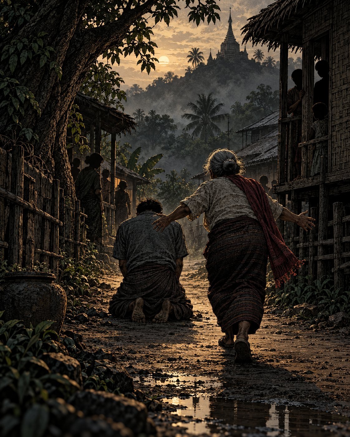 A man kneels in a village road at sunset as an elderly woman runs toward him with open arms