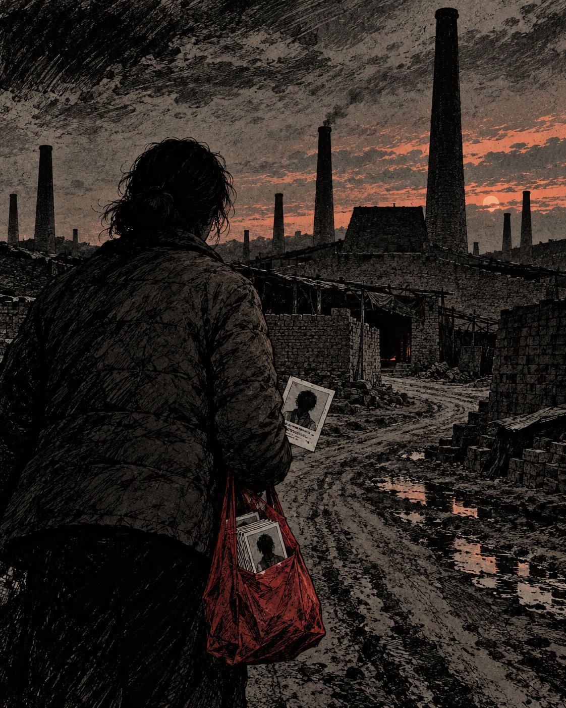 A mother stands among kiln chimneys at dusk holding her son's photo