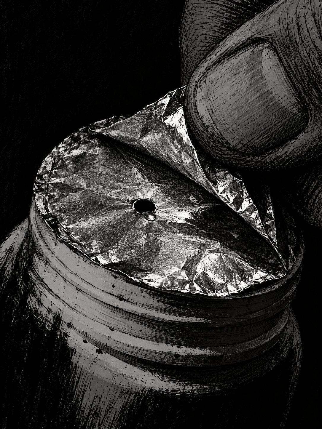 A thumb peeling back the silver foil seal of a modern pill bottle. Under the foil, already punched through, a single tiny pinhole, with a bead of liquid at its edge