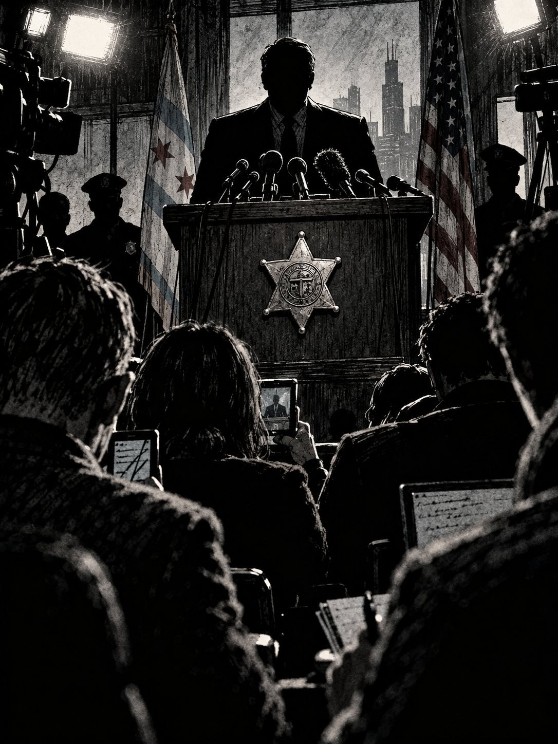 A Chicago police press briefing in 2026: a podium with microphones, a dark-suited official seen only as a silhouette against harsh TV lights, rows of reporters from behind holding