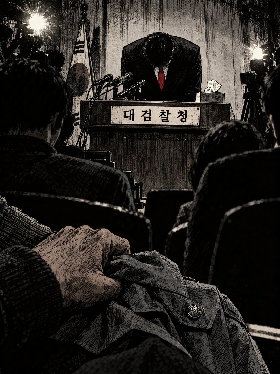 A lectern marked Supreme Prosecutors' Office with tissues on it, a man bowing deeply behind it