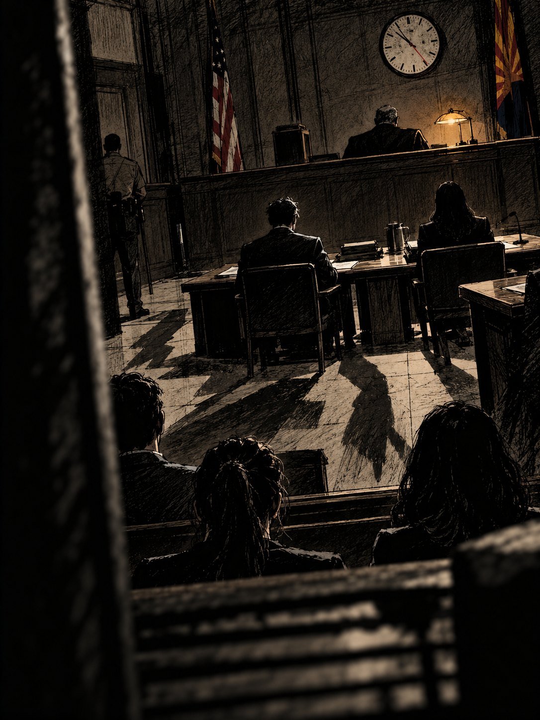 October 2026: a courtroom at sentencing, the defendant seen only from behind at the table, family members seen from behind in the gallery