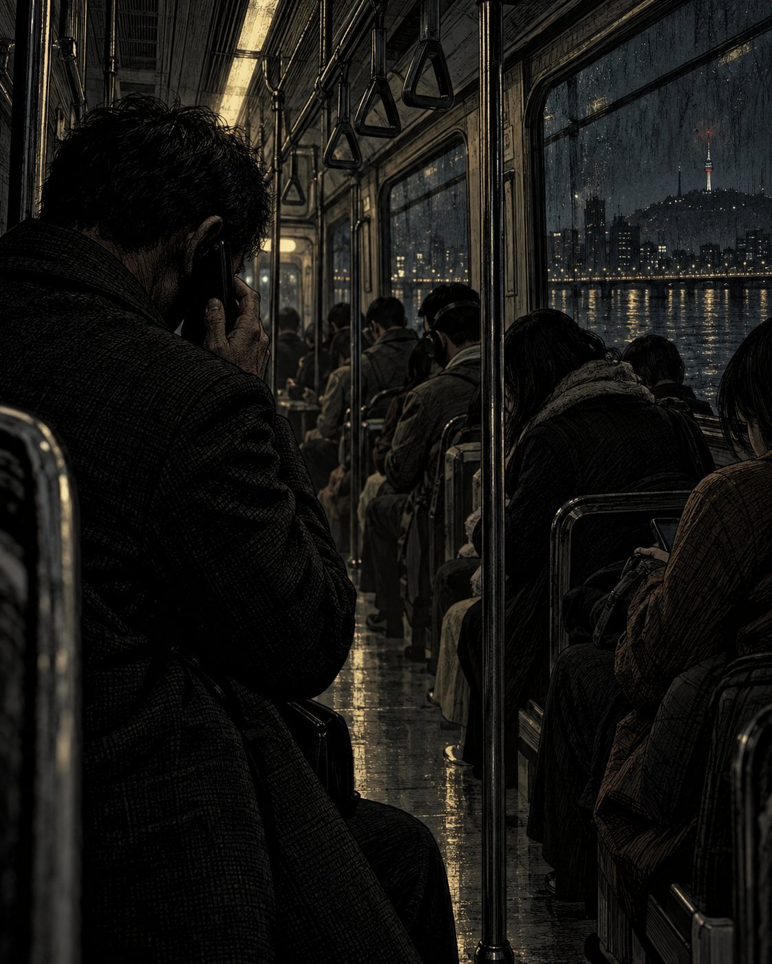 A man in a dark coat talks on a phone in a crowded subway car at night, his face turned away