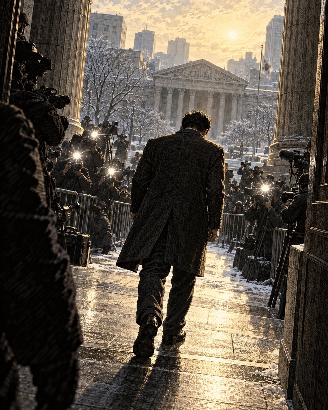 A man walks out of a courthouse into bright winter sunlight as photographers' flashes go off