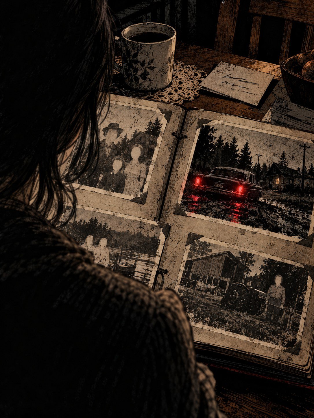 Present day: a kitchen table with an old family photo album open, its photos faded so the faces are just pale ovals, a detective's business card and a cup of coffee beside it