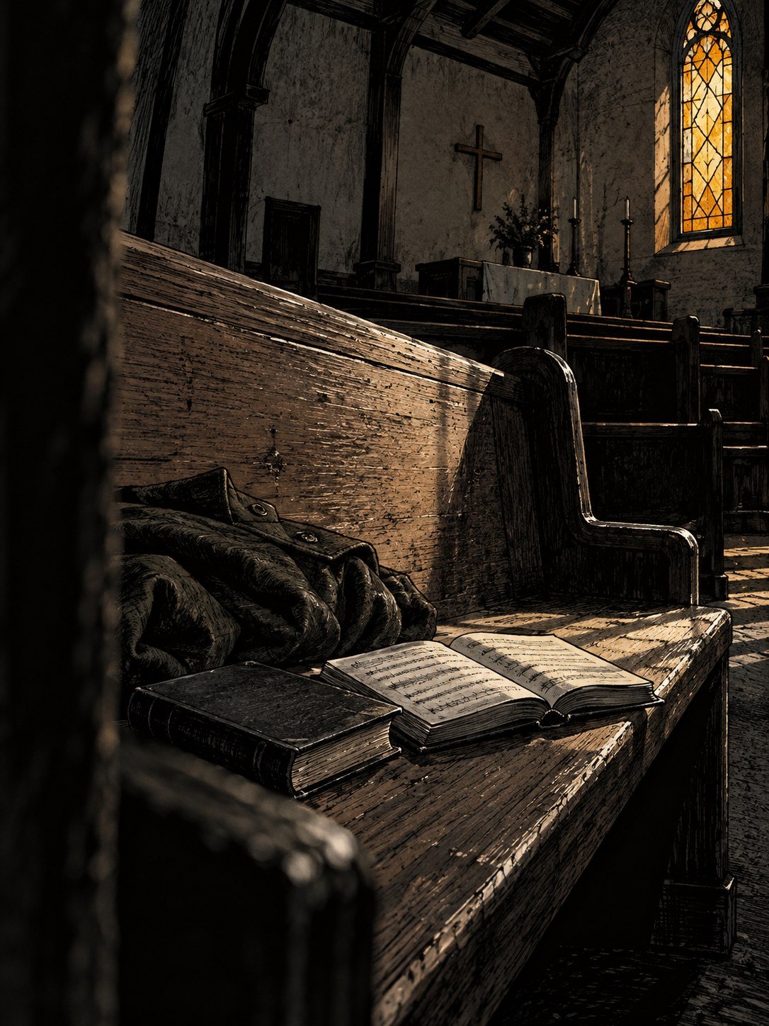 An empty church pew with two hymn books and a folded coat in amber window light