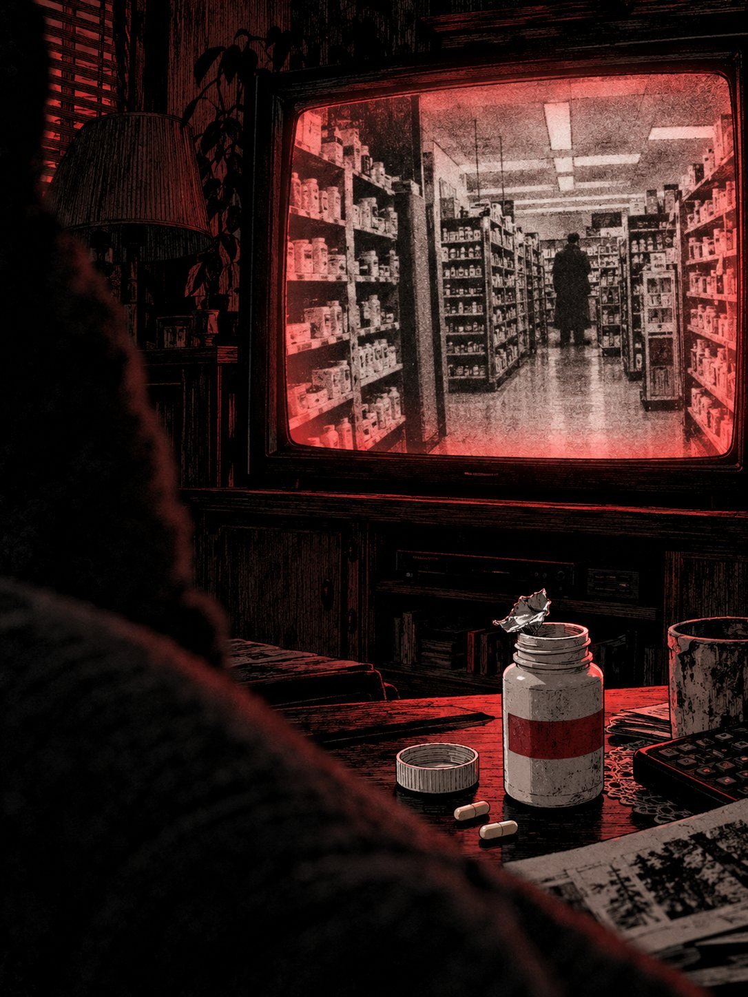 Present day, a dark living room lit red by a TV playing a documentary: on screen, an old black-and-white photo of a drugstore aisle