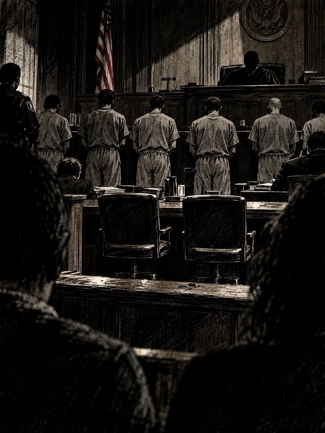 Defendants stand before a judge in a federal courtroom beside two empty chairs