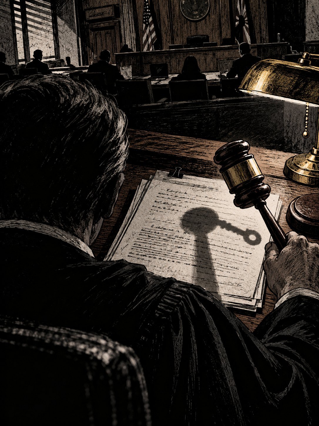 The judge seen from behind at the bench, a sentencing document in front of him, a single gavel