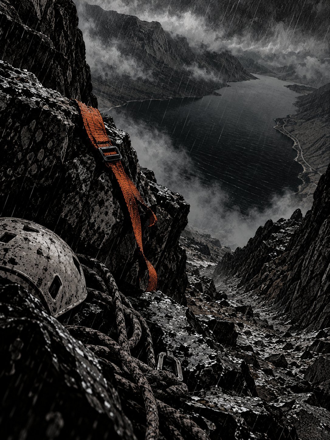 May 1985, a steep rocky gully high on the fells above Wast Water, a climber's rope and helmet left on a rock, the black lake far below