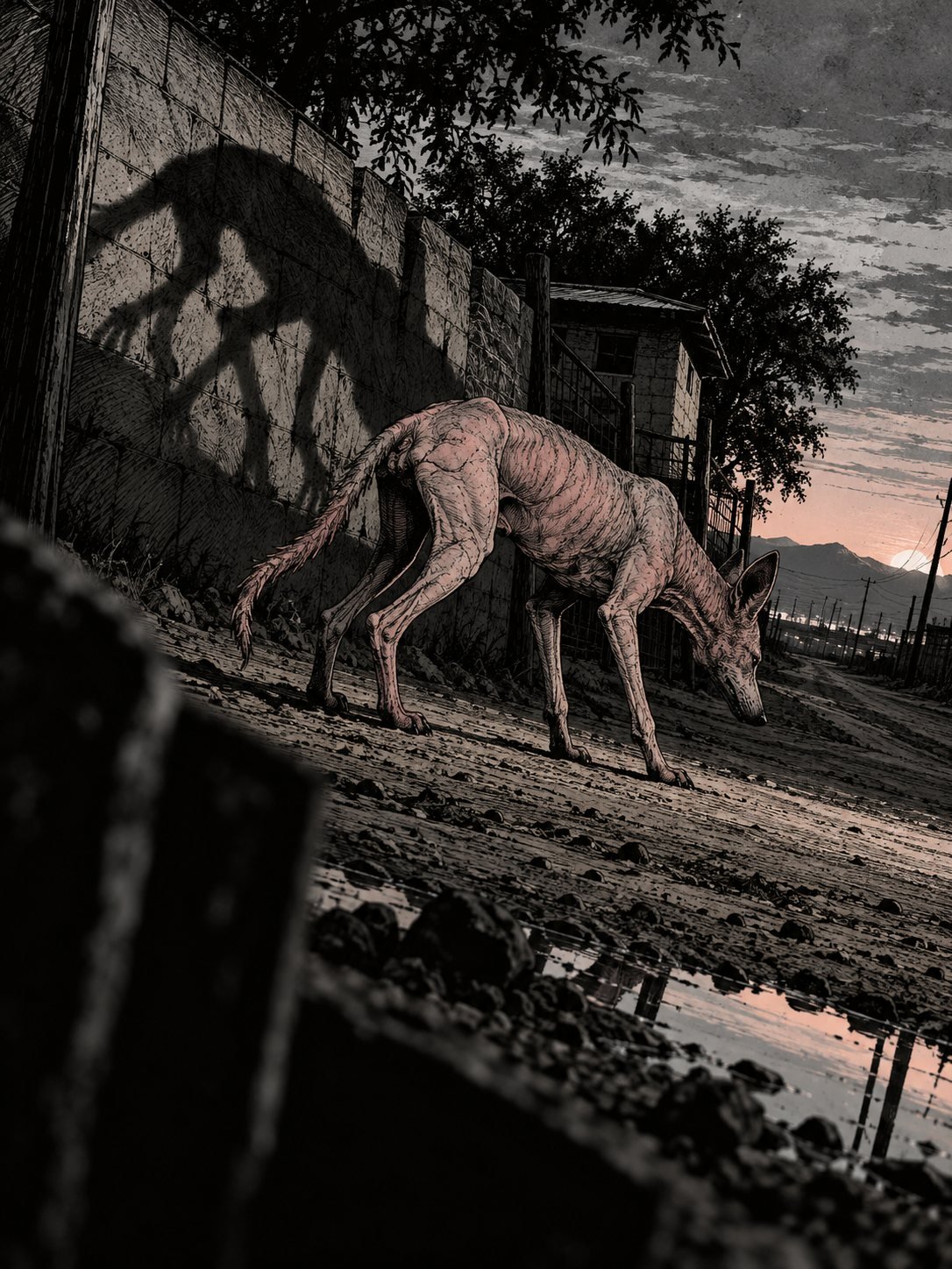 Dawn on a dirt road in the valley. A gaunt, completely hairless coyote with cracked grey skin and a ropy bare tail stands in the road, seen from the side, head lowered away from th