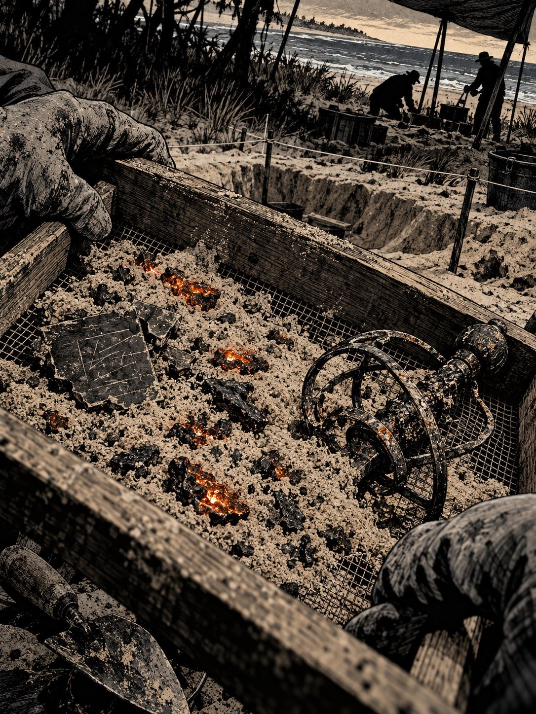 Gloved hands holding a sieve of sand with tiny iron flakes, a broken writing slate and a rapier hilt