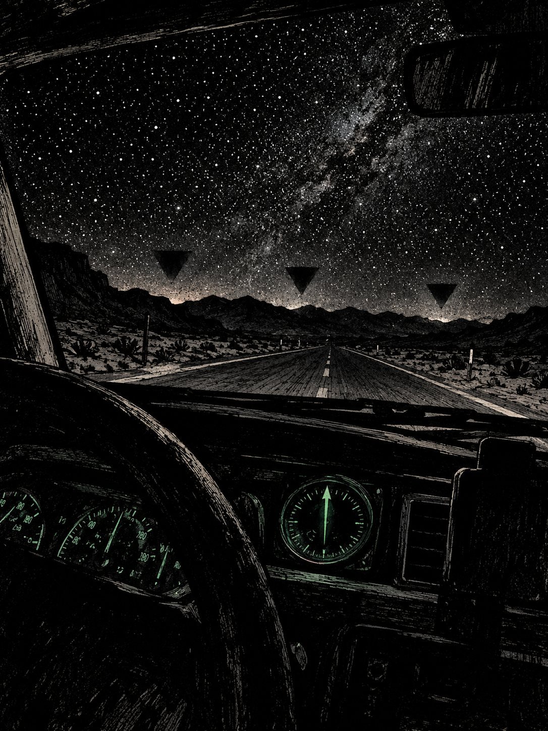 A long, empty desert highway at night under a huge star field. Through the windshield, far ahead above the mountains, the stars go dark in a triangular shape, three times in a row 