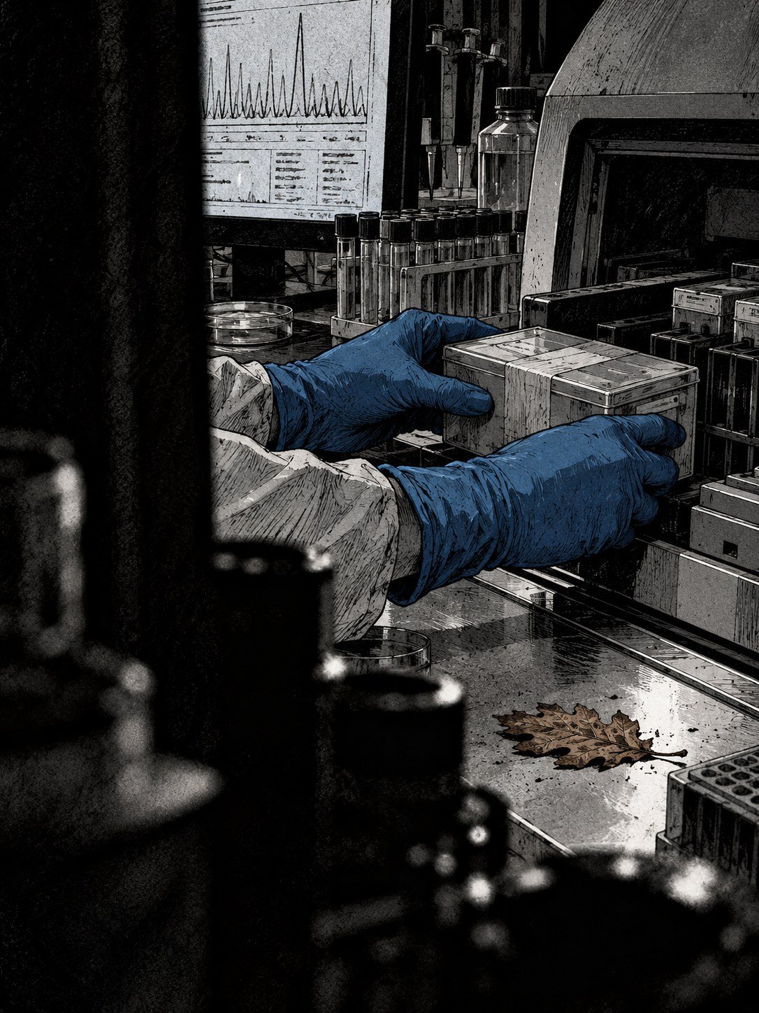 Gloved hands placing an evidence box in a forensic laboratory